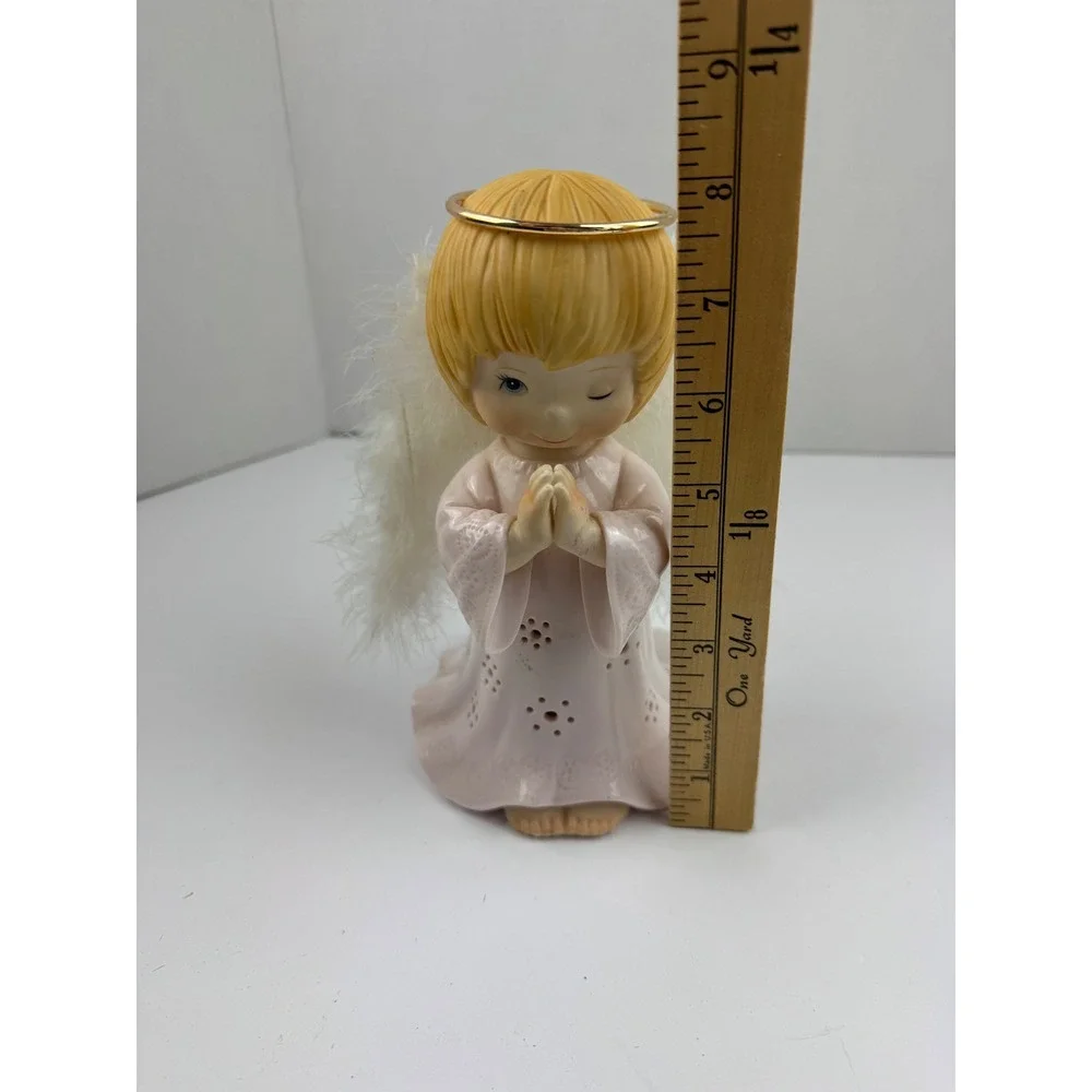 Vintage Winking Angel Figurine Pink Porcelain Light Up Feather Wings Christmas